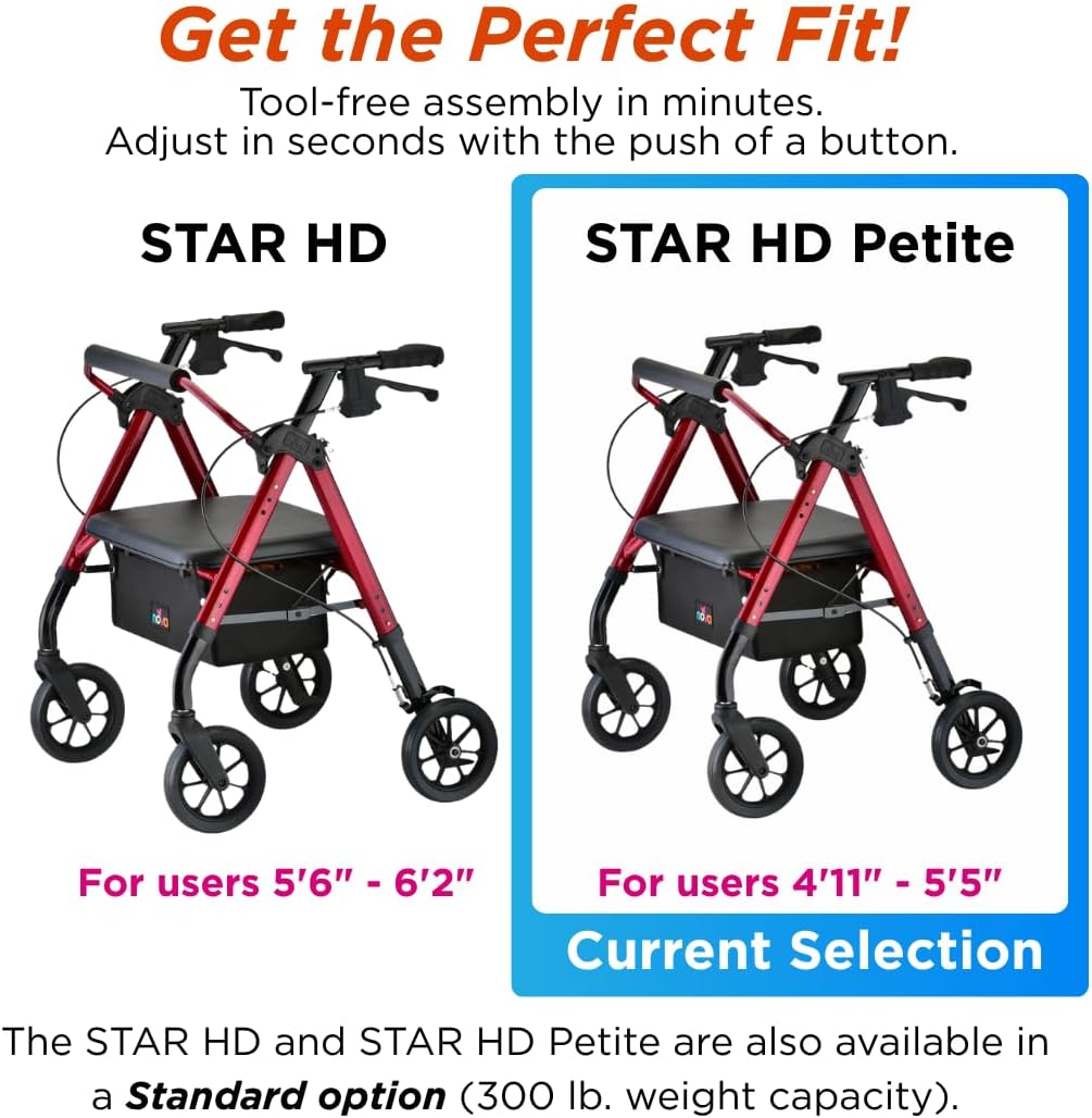 NOVA Star Heavy Duty Petite Rollator Walker with Large Padded Seat, 8" All-Terrain Wheels, Locking Hand Brakes, Height Adjustable