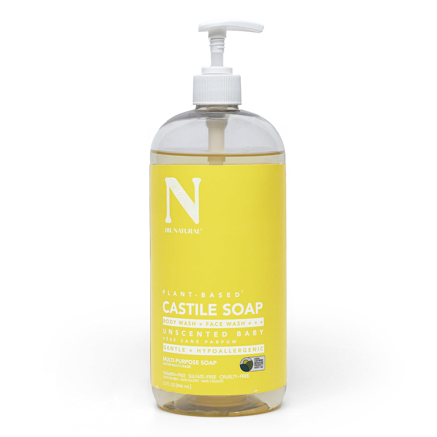 Dr. Natural Castile Liquid Soap - Multi-Use Body Wash, Shampoo and Face Wash - Body Soap for Skin, Hair, Pets and Home - Unscented Baby - 32 oz