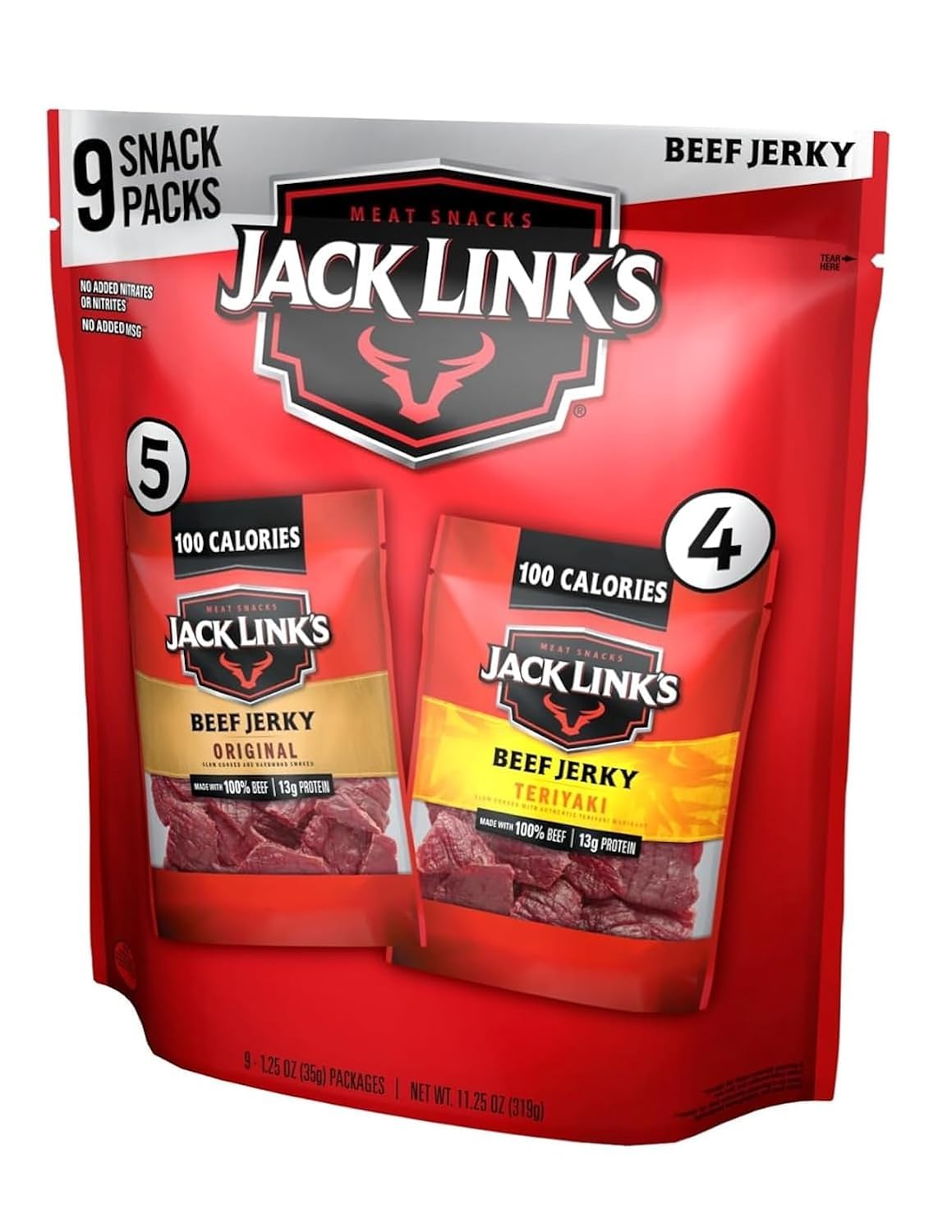 Jack Link's Beef Jerky Variety Pack - Original and Teriyaki - (9 Pack) 1.25 oz Bag - Ready to Eat Protein Snacks - 13g Protein per Serving - Made with 100% Real Beef | Bag - Ready to Eat Protein Snacks - 13g Protein per Serving - Made with 100% Real Beef