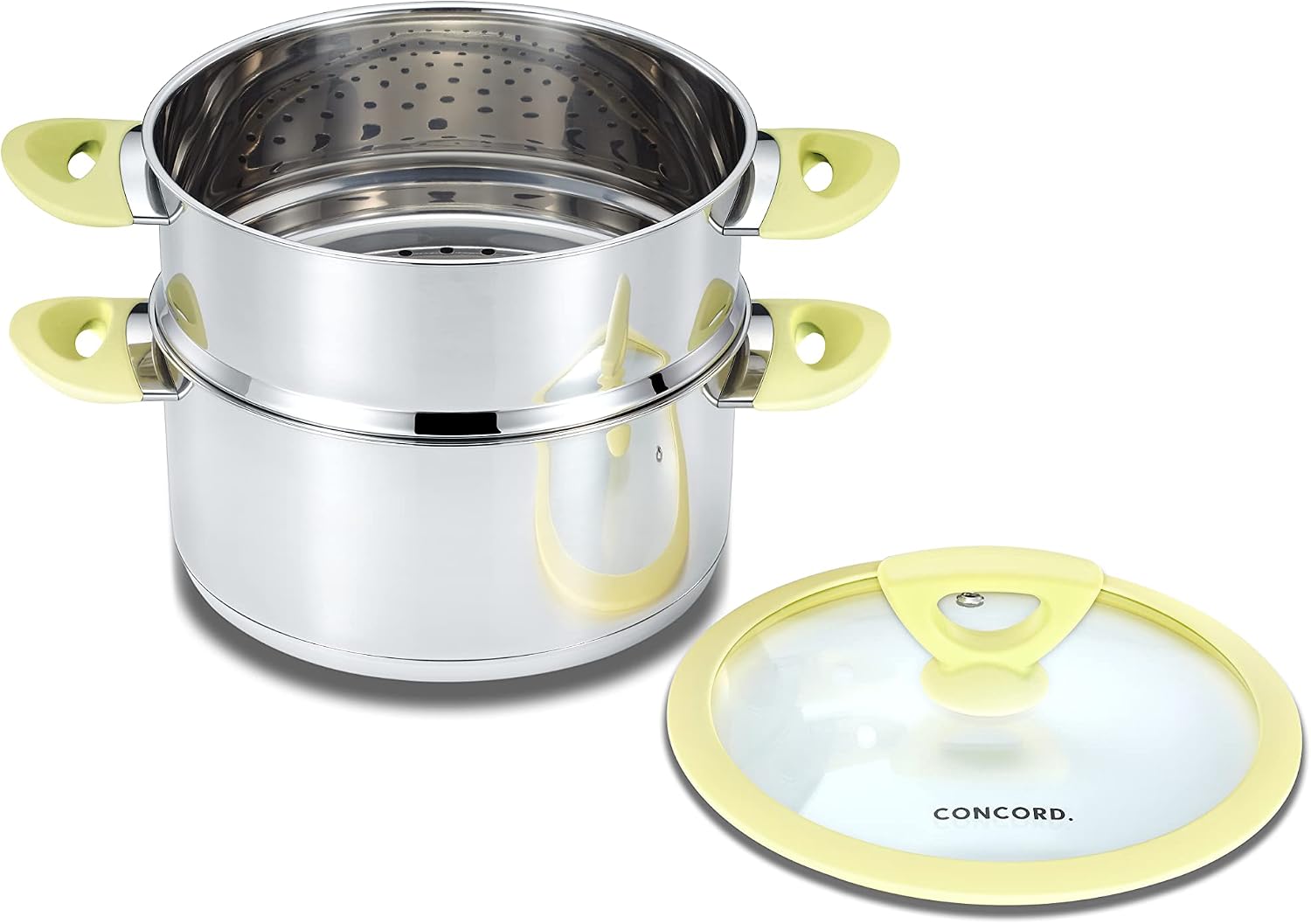 CONCORD 3 Quart Stainless Steel 3 Piece Steamer Cookware Set. Features 2 Quart Veggie Steamer and 3 Quart Cooking Pot with tempered glass lid.