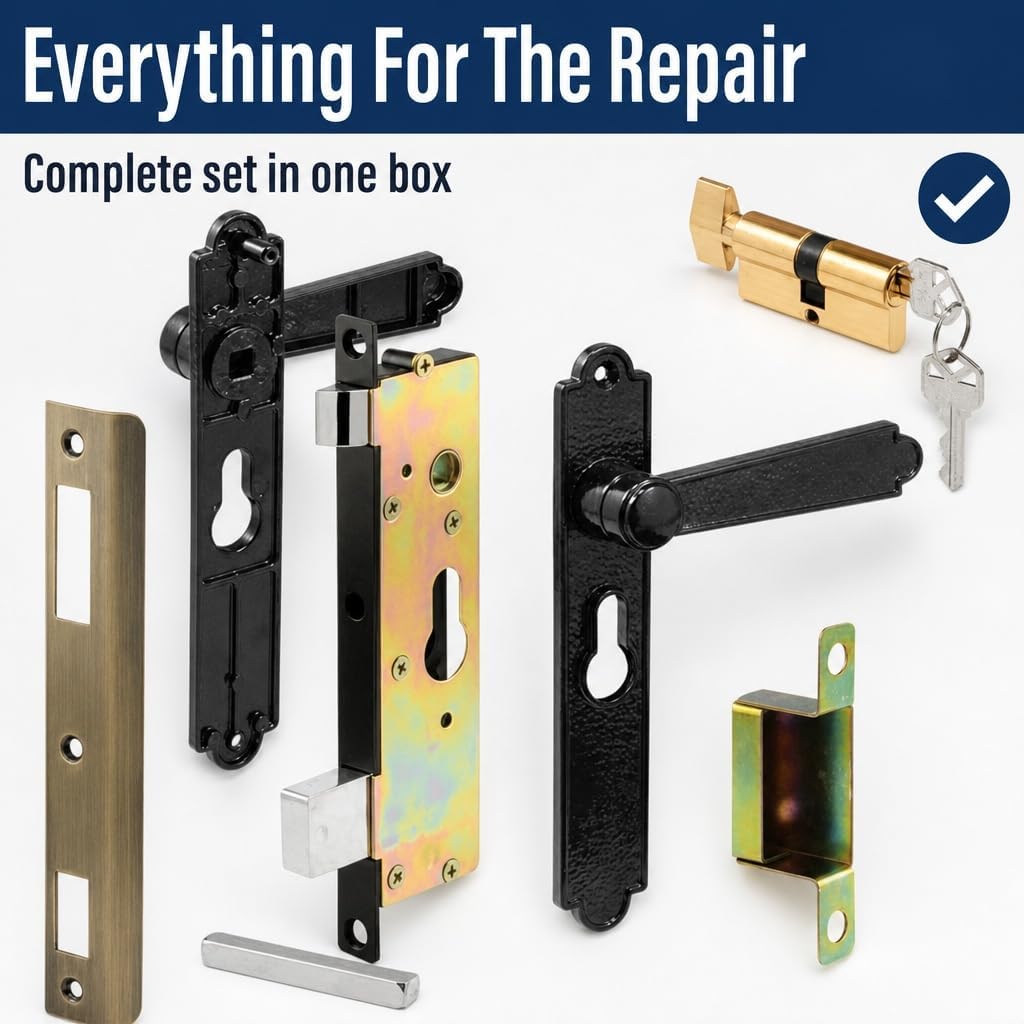 Prime-Line K 5092 Steel and Diecast Security Door Keyed-Locking Mortise Handle Set for Security Screen Doors, 6-3/4 Inch Mounting Hole Centers, Black, Set of 1