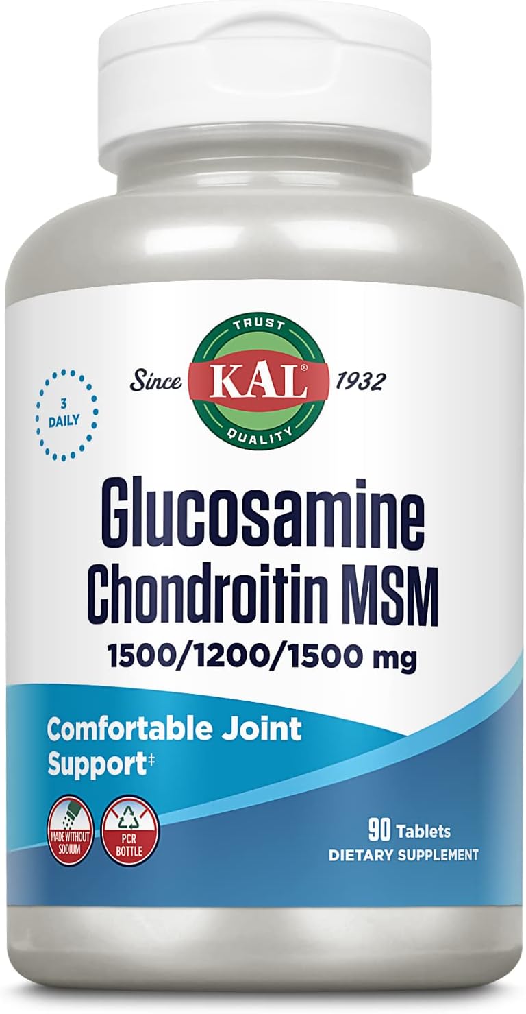 KAL Glucosamine Chondroitin MSM, Joint Support Supplement for Women and Men, 1500mg Glucosamine Sulfate, 1200mg Chondroitin, MSM, Rapid Disintegration, 60-Day Guarantee, 30 Servings, 90 Tablets