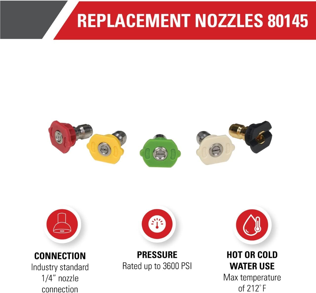 Simpson 3600 PSI 1/4" Quick Connect Pressure Washer Nozzle Set, 5-Pk, 80145 | 5 Spray Patterns (0°, 15°, 25°, 40°, Soap) In One Set