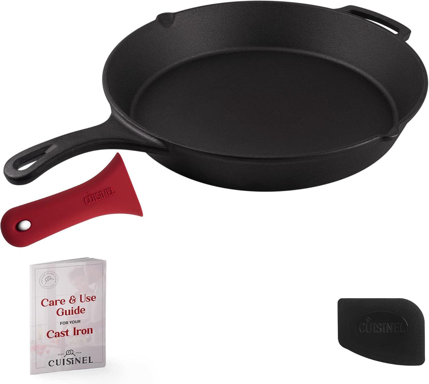 Cast Iron Skillet - 10"-Inch Frying Pan with Pour Spouts + Pan Scraper + Silicone Grip Handle Cover Holder - Pre-Seasoned Oven Cookware - Indoor/Outdoor Use - Stovetop, Induction. PFAS and PFOA-free