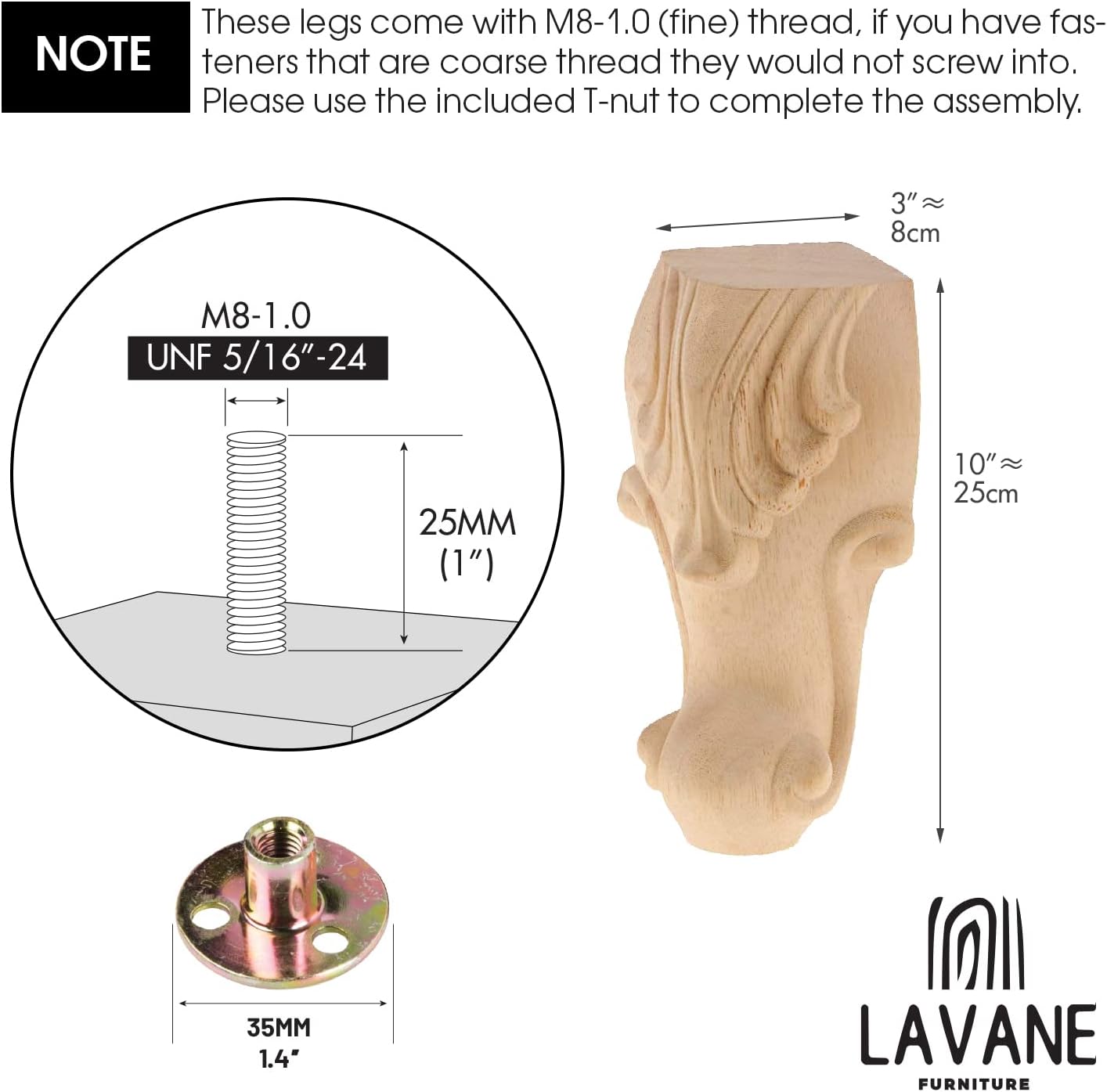 La Vane 6 inch / 15cm Wooden Furniture Legs, Set of 4 European Style Solid Wood Carving Furniture Replacement Feet Decoration for Sofa Cabinet Wardrobe Table Loveseat