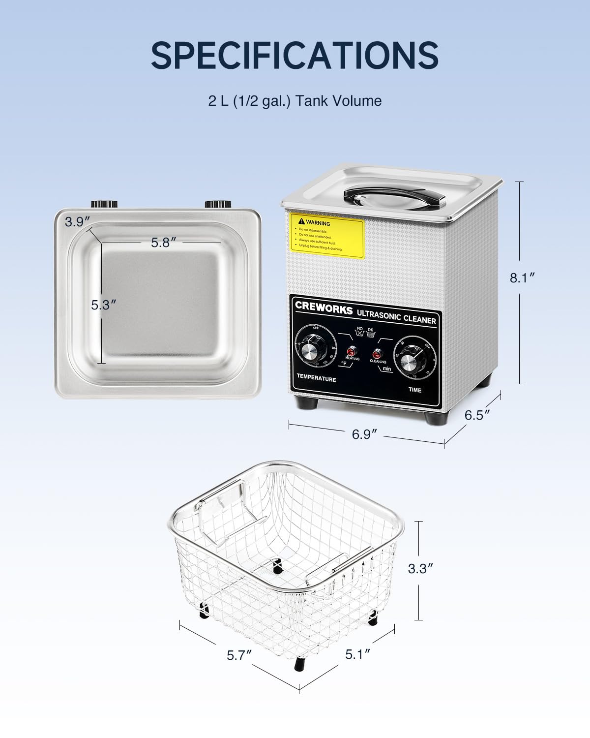 CREWORKS 3.2L Ultra Sonic Cleaning Machine - 120W Cavitation 100W Heat