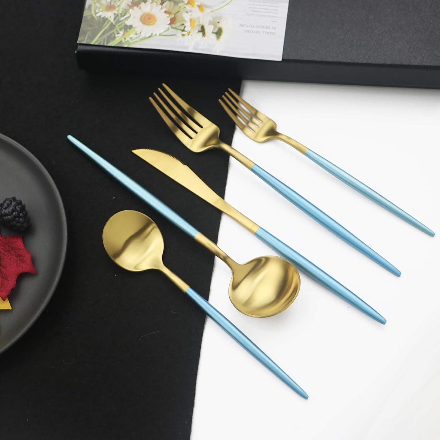 JASHII Luxury 18/10 Rainbow Flatware Set - 304 Stainless Steel Colorful Cutlery - 5-Piece Adaline Royal Modern Satin Finish for Birthday