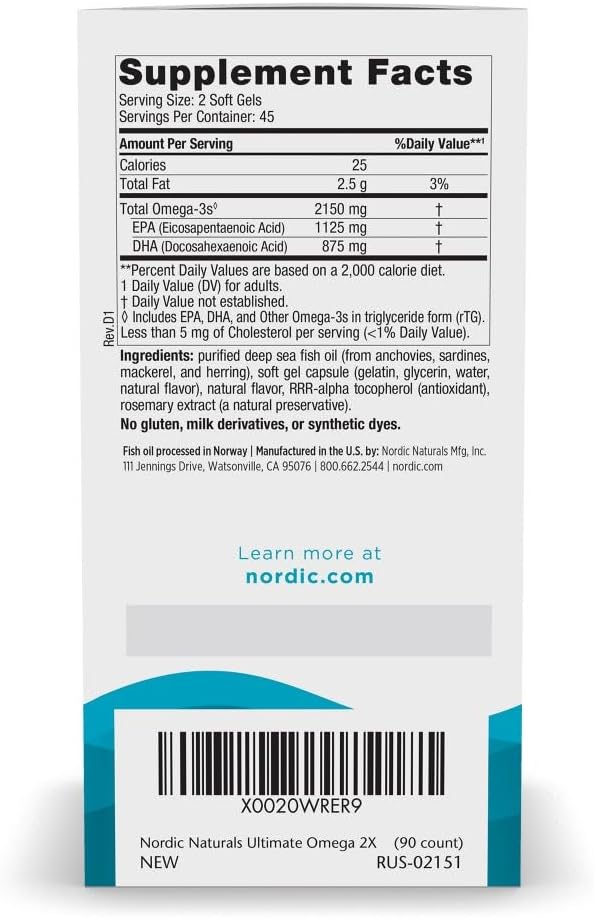 Nordic Naturals Ultimate Omega 2X, 2150mg Fish Oil, Lemon - 60 Count | High-potency 2X formula with EPA & DHA for brain & heart health. Non-GMO soft gels. 30 servings.