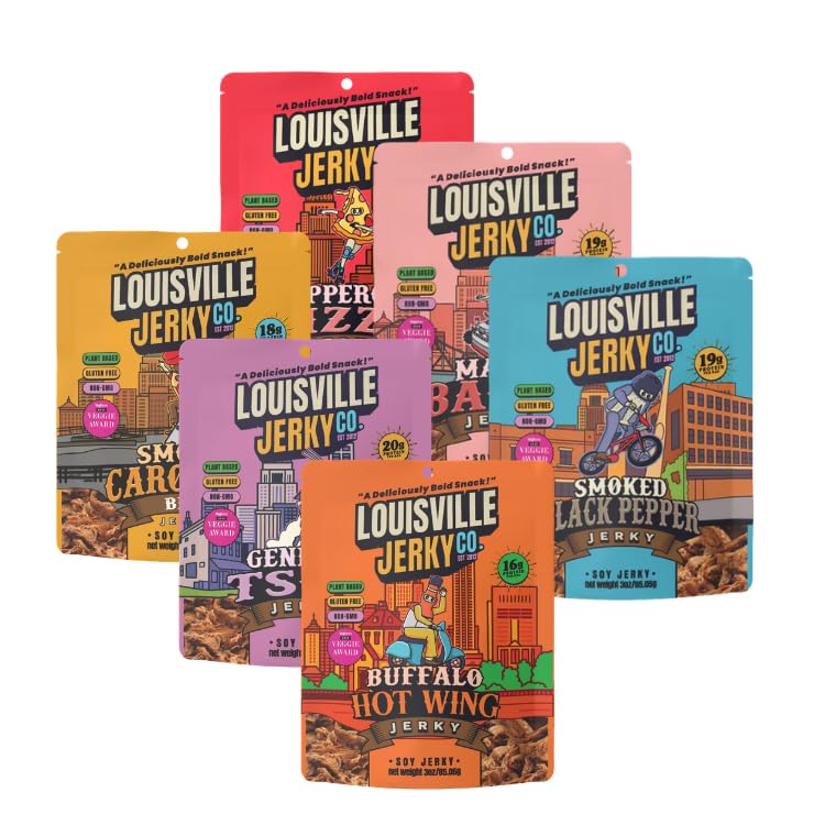 Louisville Jerky Co. Traditional Vegan Jerky Pack, 3 oz, 5-Pack | Plant Based, High Protein Snack, Vegetarian Friendly, BBQ, Buffalo, Maple Bacon, Pepperoni Pizza, Black Pepper