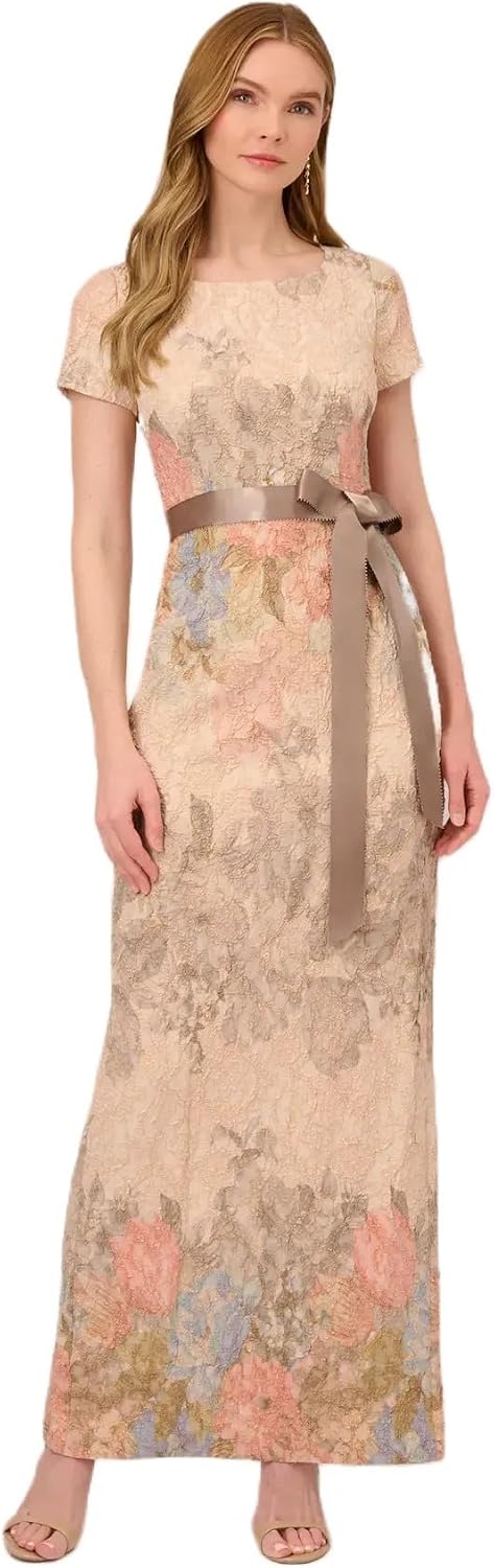 ADRIANNA PAPELL Women's Mateleasse Column Gown | Elegant Evening Gown with Floral Design, Back Slit & Cap Sleeves