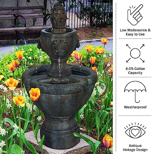 Outdoor Fountain – Polyresin 2-Tier Water Feature with Lion Head Details and Realistic Stone Appearance – Yard Art with Soothing Sound by Pure