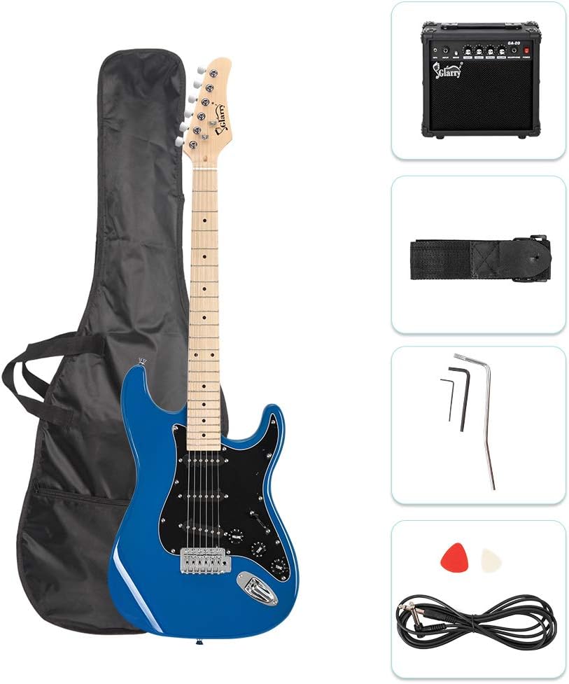 GLARRY Full Size Electric Guitar for Music Lover Beginner with 20W Amp and Accessories Pack Guitar Bag (DARK BLUE, 39" Right Handed)