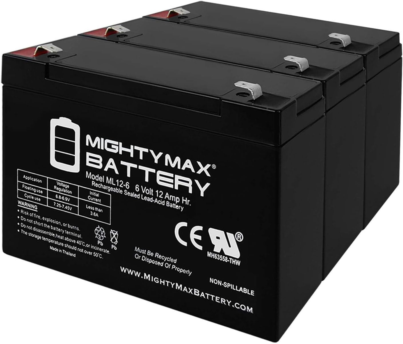 Mighty Max Battery ML12-6F2-6 Volt 12 AH, F2 Terminal, Rechargeable SLA AGM Battery