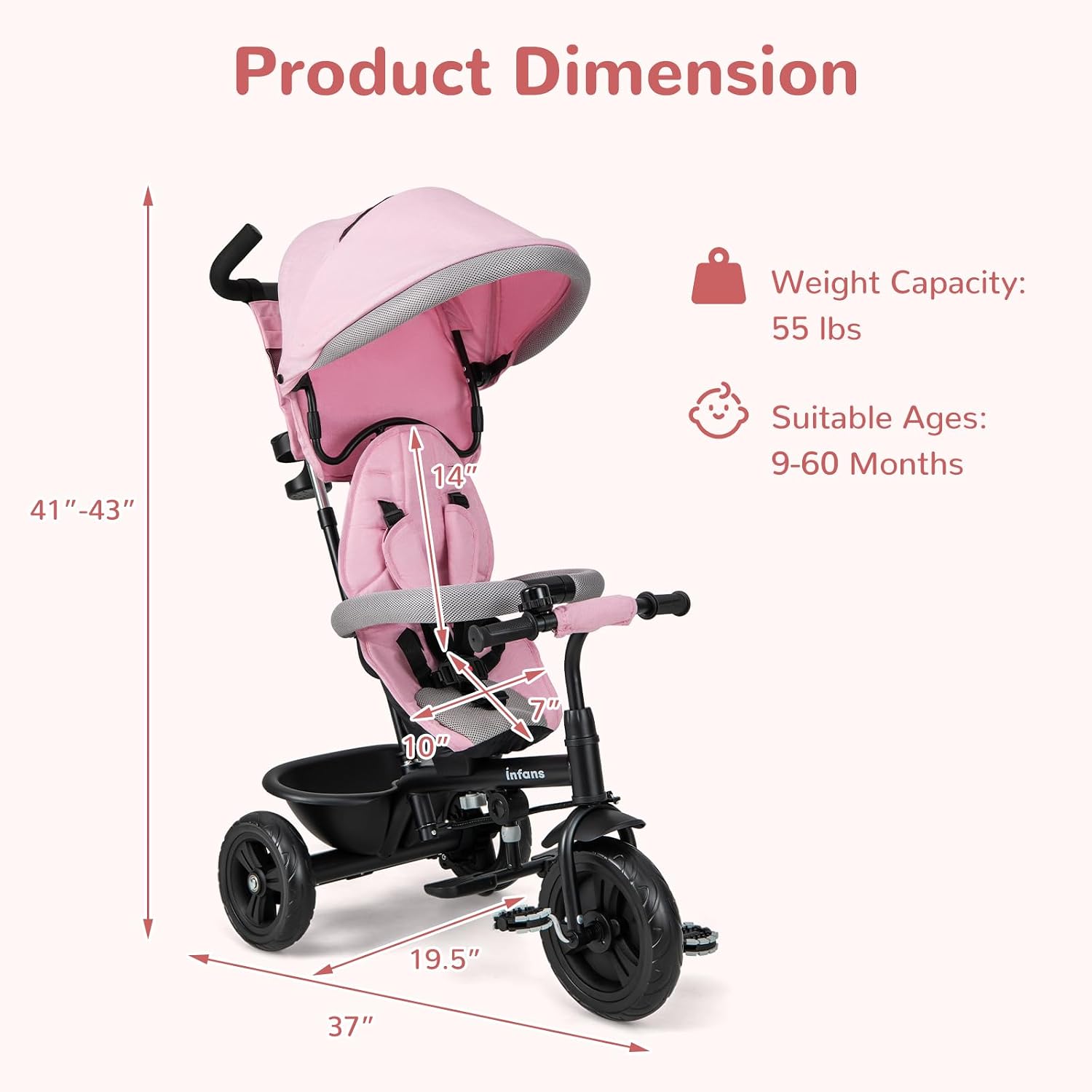 INFANS Kids Tricycle, 6 in 1 Stroll Trike with Adjustable Push Handle, Removable Canopy, Retractable Foot Plate, Lockable Pedal, Detachable Guardrail, Suitable for 10 Months to 5 Years (Blue)