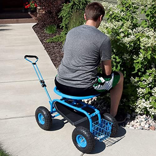Sunnydaze Garden Seat with Wheels and Adjustable Handle, Red | Steel Rolling Gardening Seat with Utility Tray for Storage, Rotating, Swiveling Motion
