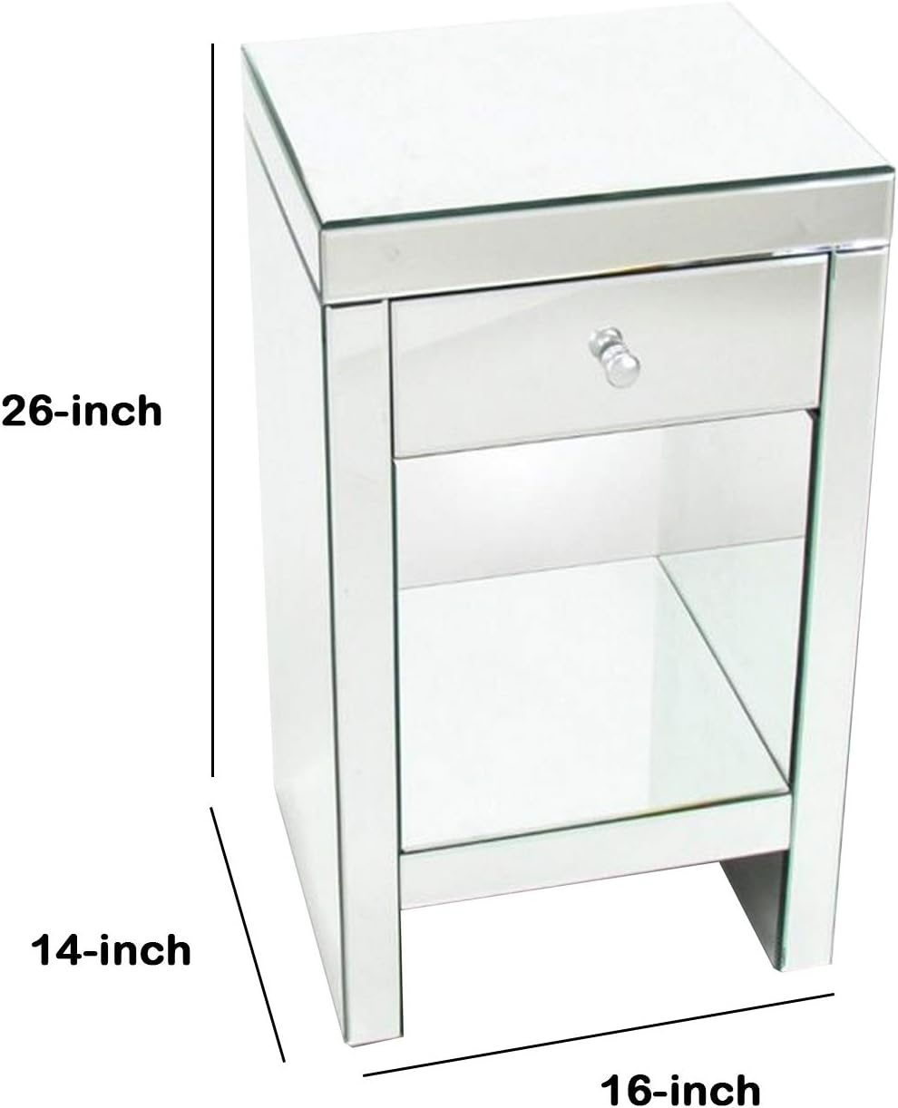 Benjara 26" Beveled Mirror Chest with 1 Drawer- Silver