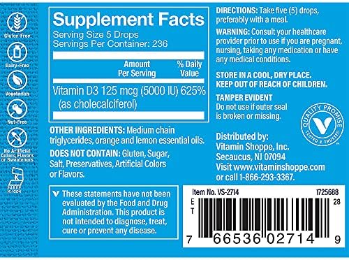The Vitamin Shoppe Vitamin Liquid D3 5000IU, Supports Bone & Immune Health, Aids in Healthy Cell Growth & Calcium Absorption, Citrus Flavor