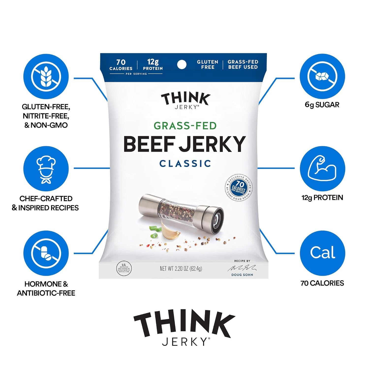 Think Jerky Sesame Teriyaki Beef Jerky, Grass-Fed High Protein Beef Jerky, Gluten Free, No Antibiotics or Nitrates, Healthy Chef Crafted Recipe, Low Calorie and Low Fat - 2.2 oz Bags, 4 Pack