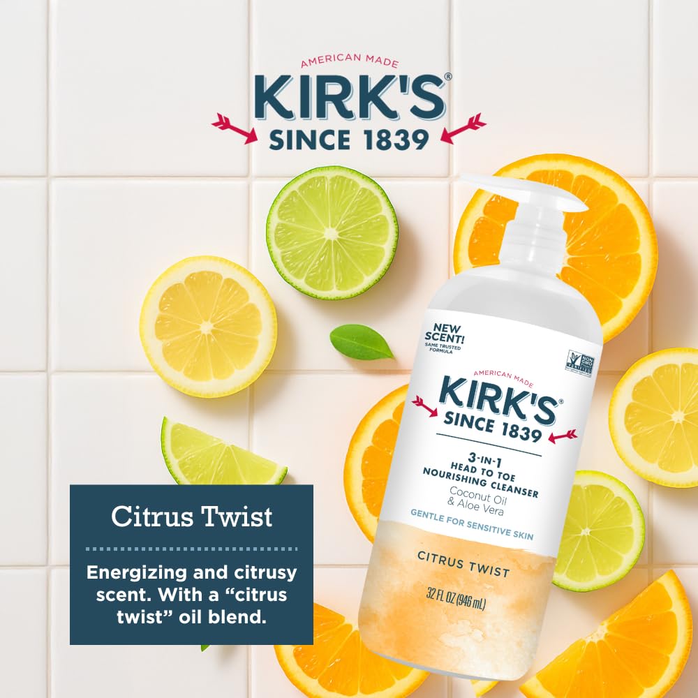 Kirk's Juniper & Lime​ 3-in-1 Nourishing Cleanser, Shampoo Body Wash Bubble Bath, Coconut Oil and Aloe Vera, Vegan Non-GMO, 32 Fl Oz