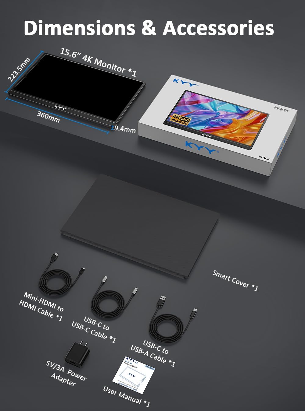 KYY Portable Monitor 15.6" 1080P Computer Monitor Screen Extender w/Cover