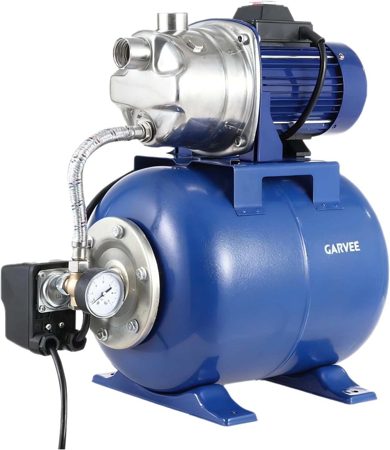 1HP Stainless Steel Water Transfer Pump with Well Pressure Tank – Shallow Well Pump & Irrigation Pump Combo, 130ft Max Lift, 20ft Suction Lift, Automatic Pressure Switch for Farm Use