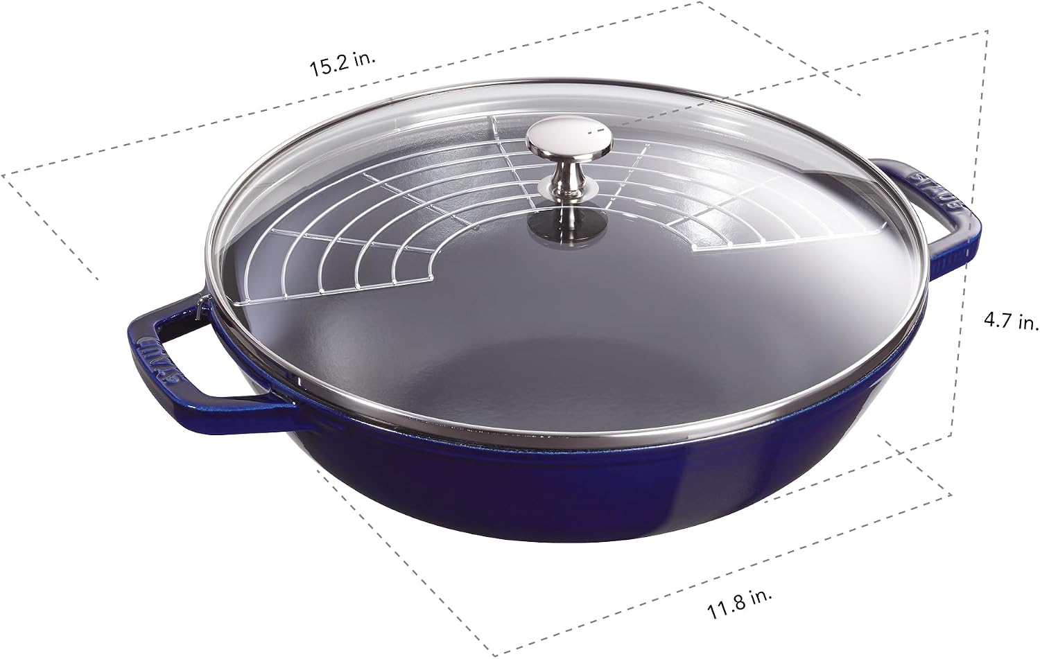Staub Cast Iron Perfect Pan, Wok, Dutch Oven, 4.5-quart, serves 4-5, Made in France, Dark Blue
