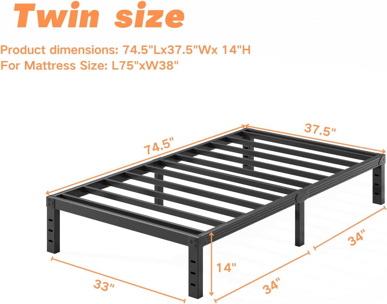 Heavy Duty Platform 14 Inch Full Bed Frame with Storage, Black