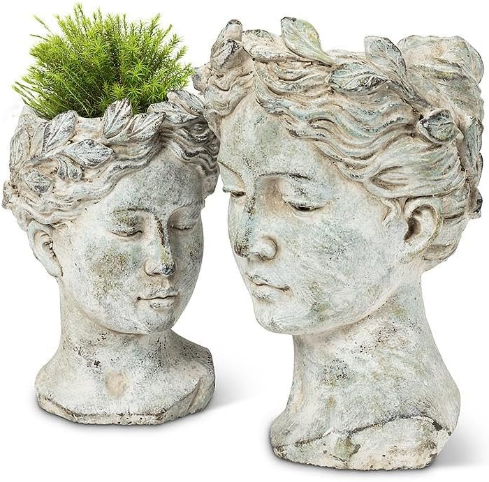Abbott Collection Large Woman Head Planter | Hand-Finished Greco-Roman Style, Indoor & Outdoor, For Flowers & Succulents, Cement, Gray, 10"H