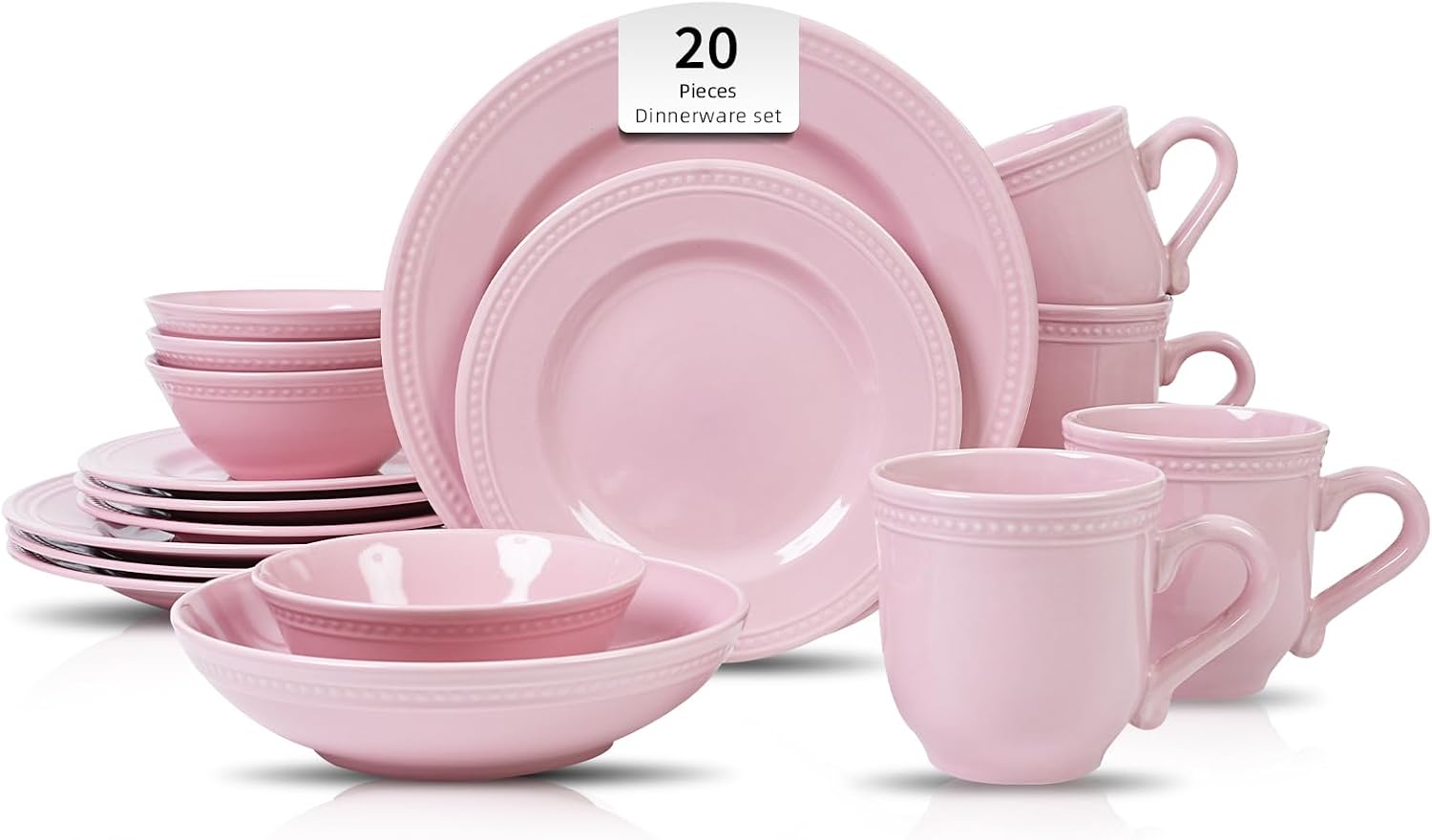 HomeVSS 20-Piece Pearl Dots Stoneware Dinnerware Set, Pink, Service for 4