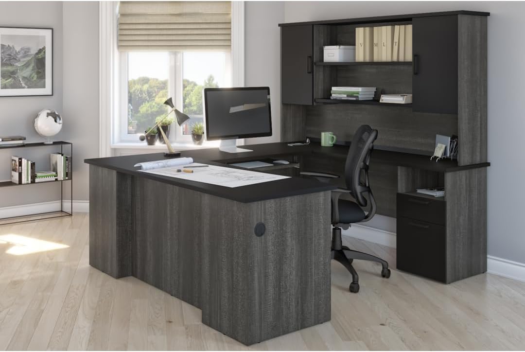 Bestar U or L Shaped Executive Desk with Hutch, Black & Gray, Norma, 71W
