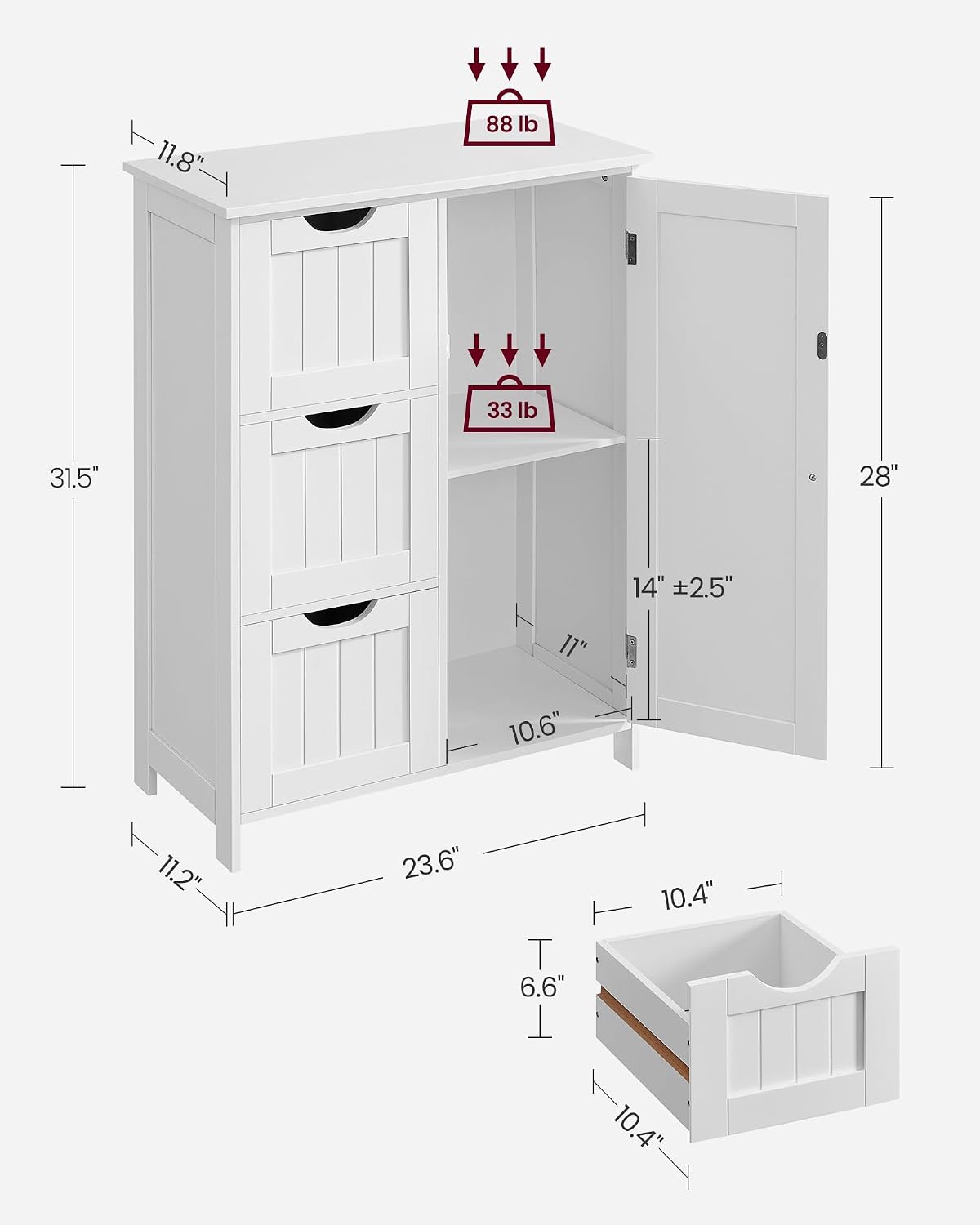 VASAGLE Floor Storage Cabinet, Freestanding Storage Unit with 3 Drawers, 1 Adjustable Shelf, for Bathroom Living Room Dining Kitchen, 11.8 x 23.6 x 31.5 Inches, Cloud White UBBC049WH01S