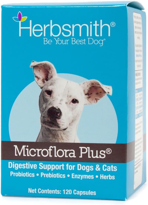 Herbsmith Microflora Plus – Dog Digestion Aid –Probiotics and Digestive Enzymes for Dogs – Prebiotic for Dogs – 60 Capsules