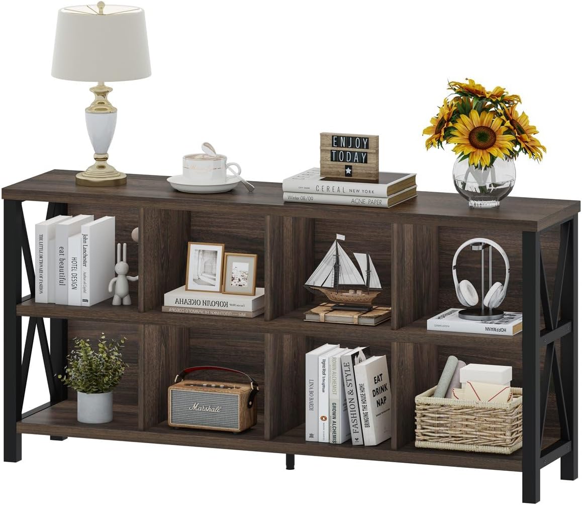 FATORRI 8 Cube Storage Organizer Bookshelf, 62 Inch Wood Horizontal Bookcase, Farmhouse Cube Long Book Shelf