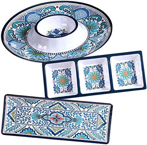 Talavera 3-Piece Melamine Hostess Serveware Set – Chip & Dip Server, 3-Section Relish Tray