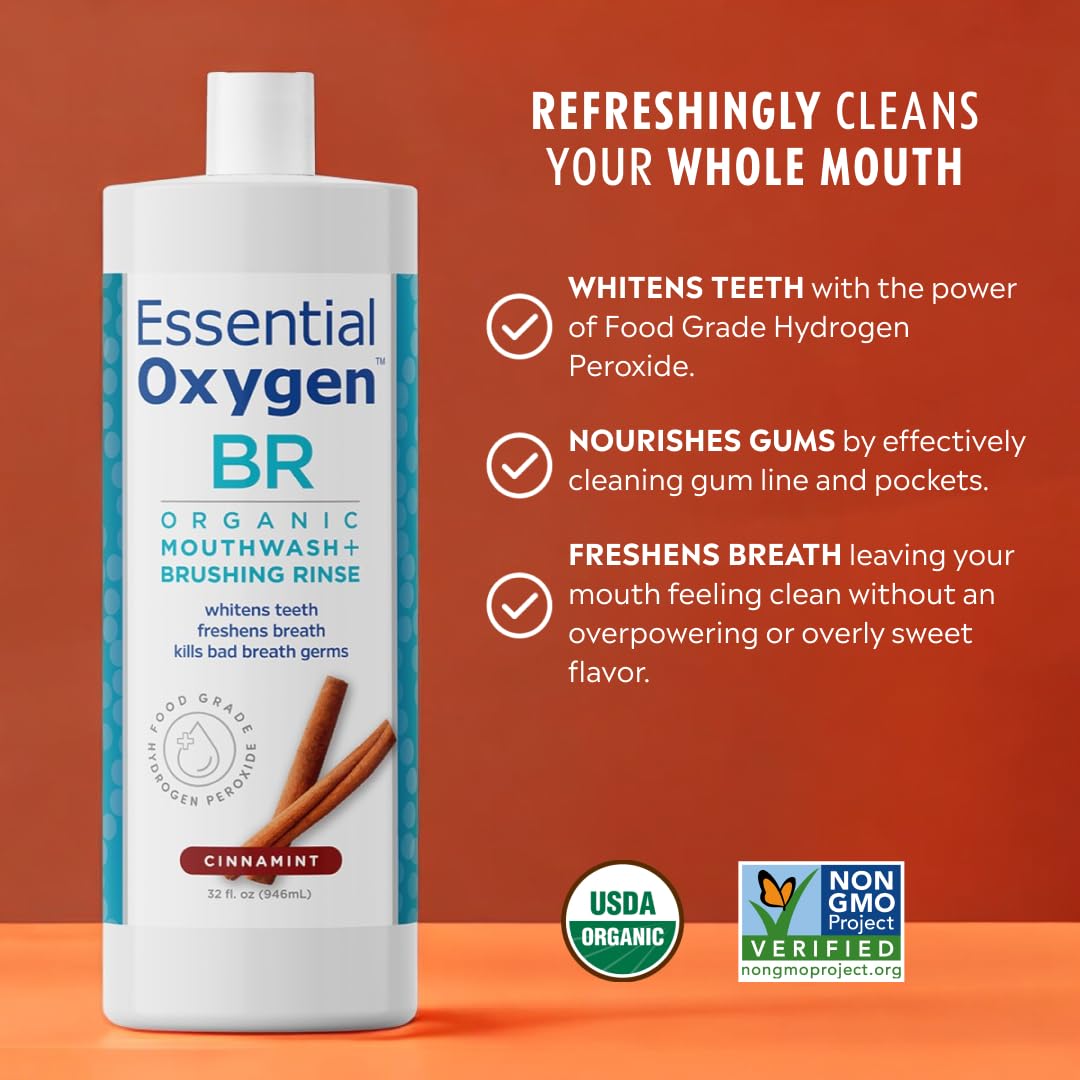 Essential Oxygen Certified BR Organic Brushing Rinse, All Natural Mouthwash for Whiter Teeth, Fresher Breath, and Happier Gums, Alcohol-Free Oral Care, Peppermint, 16 Ounce, Package may vary
