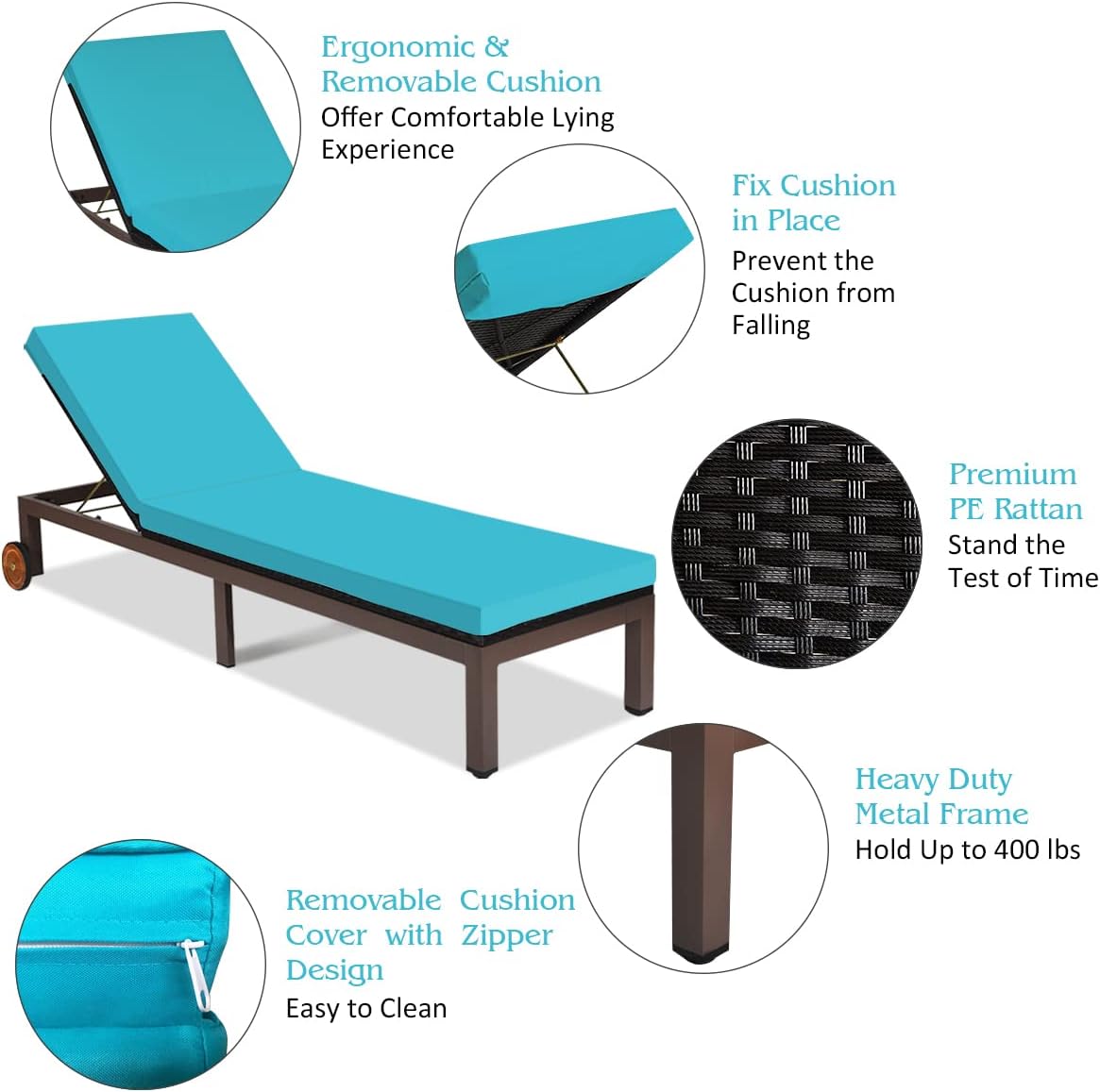 Tangkula Patio Chaise Lounge Chair, Outdoor Rattan Lounger Recliner Chair with Wheels, Wicker Chaise Chair W/Cushioned Seating