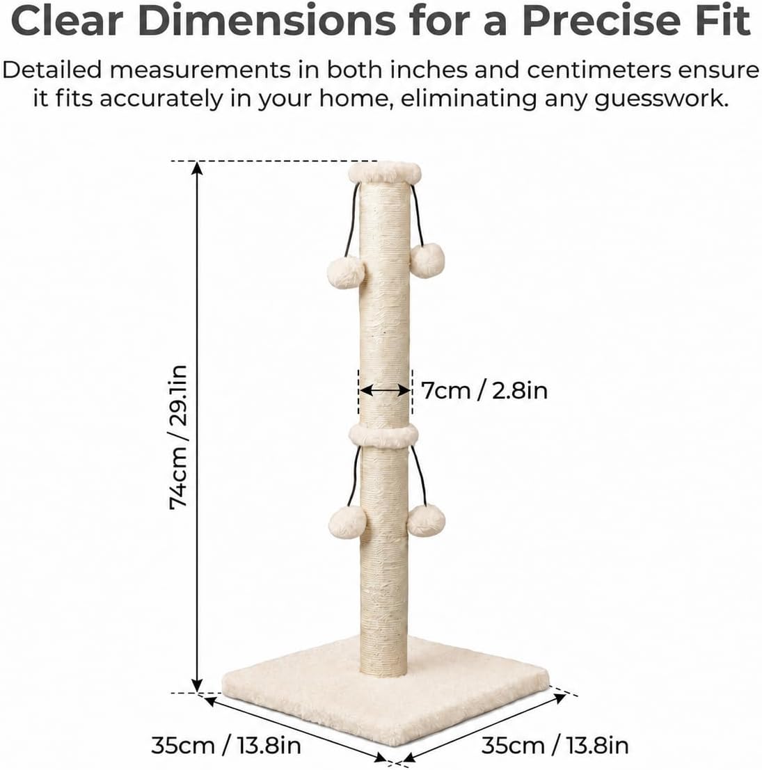Dimaka 29'' Cat Scratching Post, Natural Sisal Rope Scratcher Post, Kitten Claw Scratch with 4 DanglingToy Balls for Large Cats (Grey)