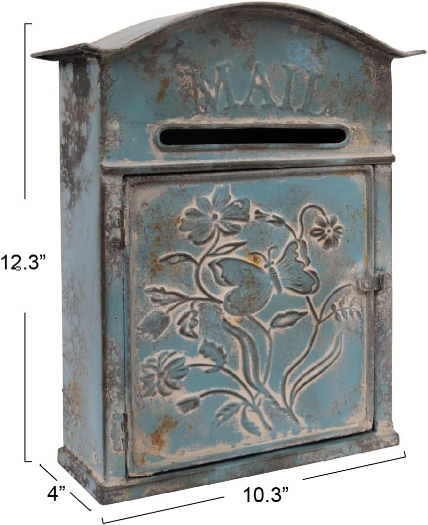 Creative Co-Op Distressed Blue Embossed Tin Mail Box