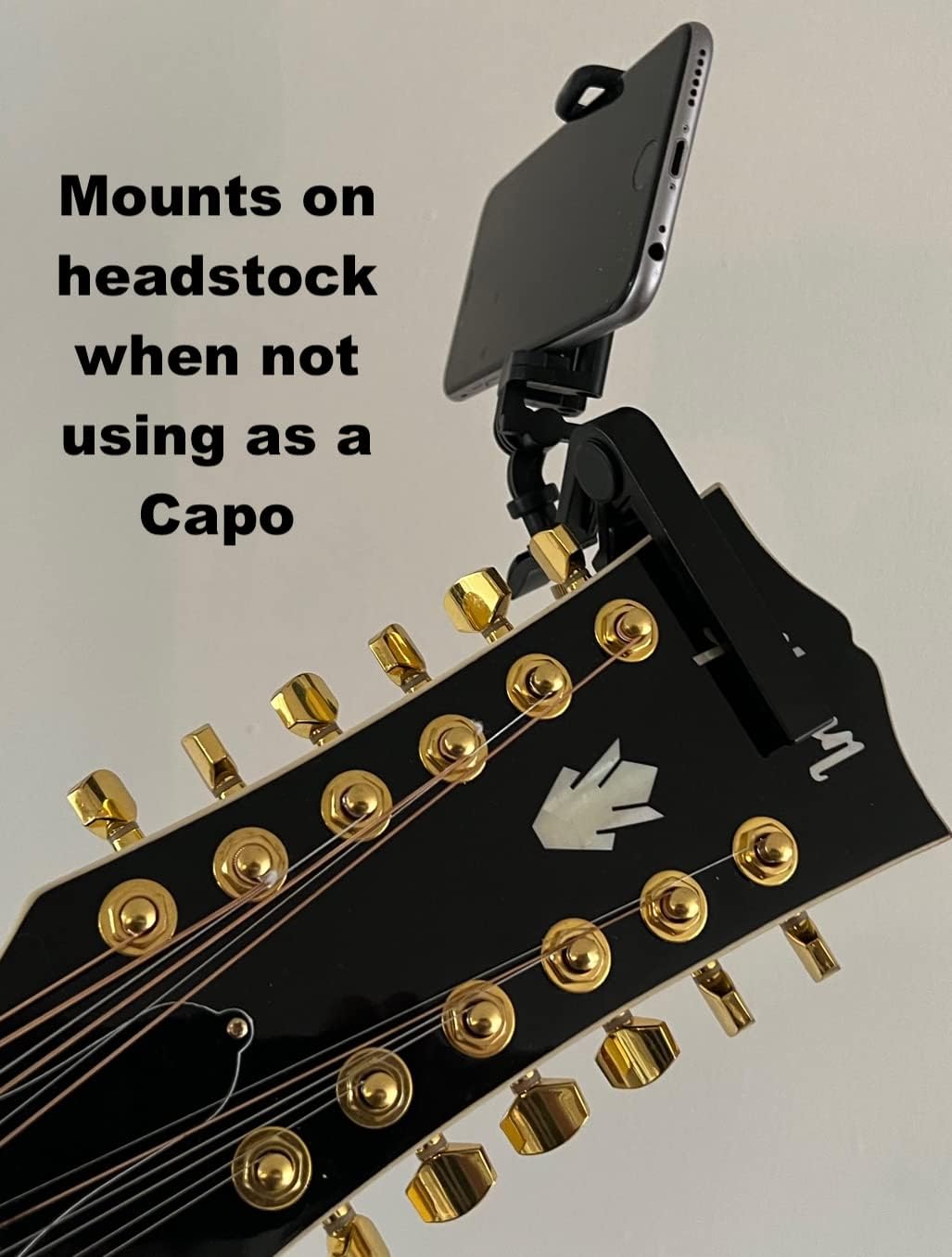 Smartphone Guitar Capo | Android and iPhone Compatible Dock Headstock Neck Clamp | Cell Phone Holder Aid Musicians | Electric or Acoustic Guitars