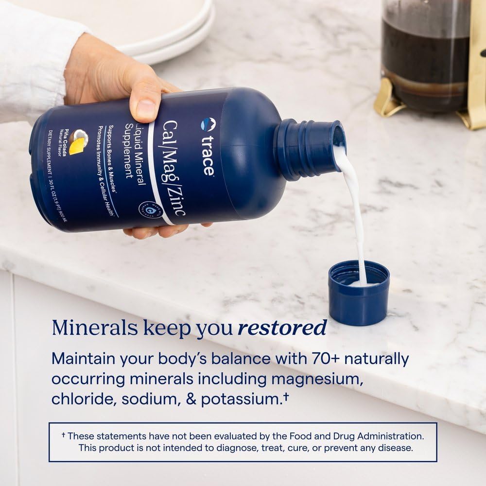 Trace Minerals Liquid Cal Mag Zinc with Vitamin D3, 16 fl oz, Pina Colada | Ionic trace minerals for absorption, Bone, muscle, and connective tissue health, 1-2 tbsp daily, Refrigerate after opening