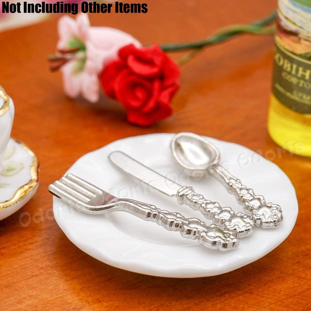 Odoria 1/12 Miniature Plates and Silverware Knife Fork Spoon Set Dollhouse Accessories, Silver