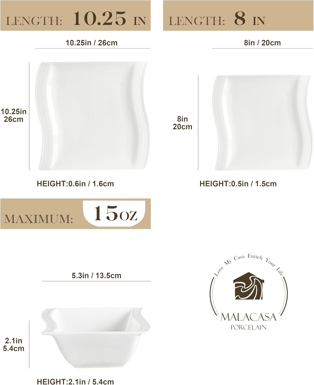 MALACASA Plates and Bowls Sets, 26 Pieces Ivory White Porcelain Dinnerware Sets without Mugs, Square Dinnerware with Dinner Plates, Bowls and Serving Platters, Modern Dish Set for 6, Series Flora
