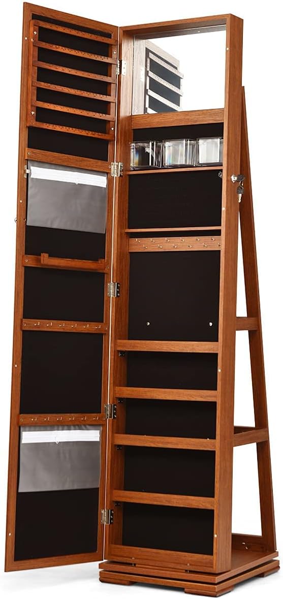 CHARMAID 360° Swivel Jewelry Armoire with Higher Full Length Mirror, Standing Lockable Jewelry Cabinet Organizer with Large Storage Capacity