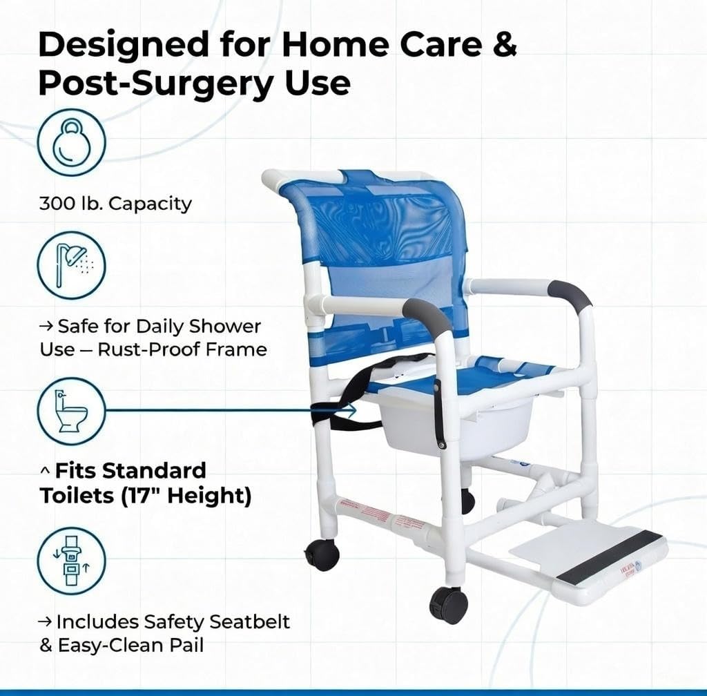 Rolling Shower Chair with Wheels & Drop Arms, Mesh Seat, 4 Locking Casters, Seat Belt, Sliding Footrest, Commode Pail – Fits Over Toilet