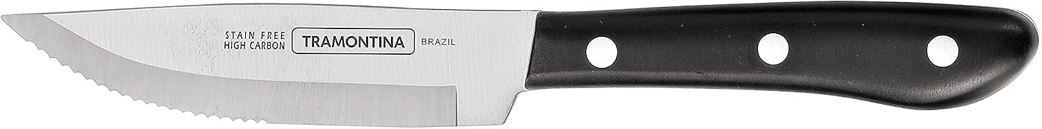 Tramontina Porterhouse 4-Pc Steak Knives | 5-Inch Stainless Steel High-Carbon Serrated Blade, Kitchen Knife Set with Hardwood Block, Full-Tang, Dishwasher-Safe