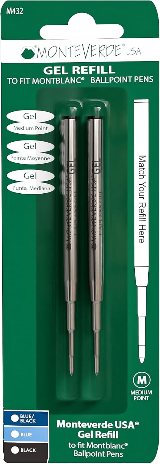 Monteverde Capless Gel Refill to Fit Montblanc, Medium, Black, 2 Pack | Capless gel refill offers smooth