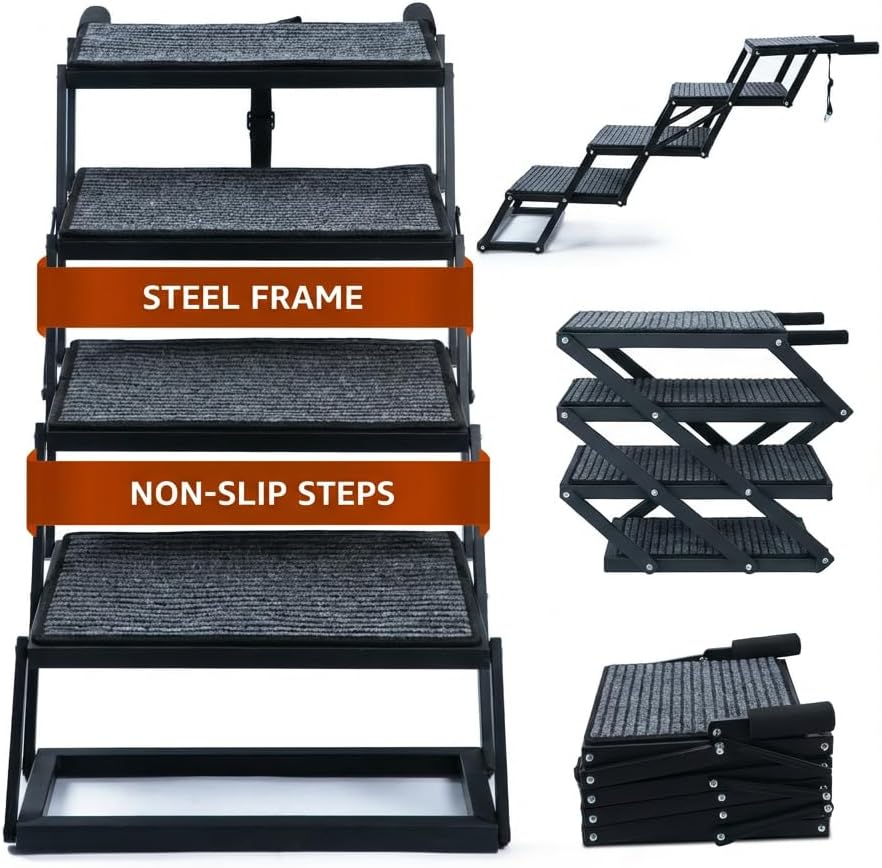 Foldable Dog Stairs for Cars Trucks & SUVs - Heavy-Duty Carbon Steel Pet Ladder Supports 230LB - Non-Slip Metal Mesh Joint-Friendly Portable Ramp for Large Dogs - 5 Step Pet Stairs w/Mat