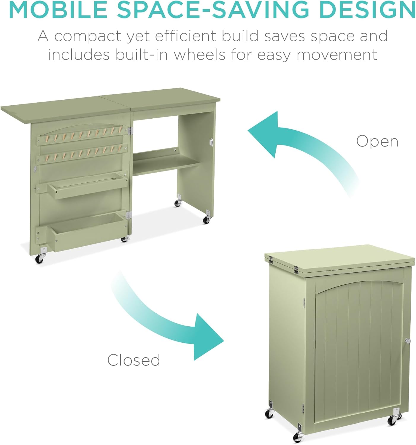 Best Choice Products Folding Sewing Table Multipurpose Craft Station & Side Desk with Compact Design, Wheels, Shelves, Storage Trays, Pegs