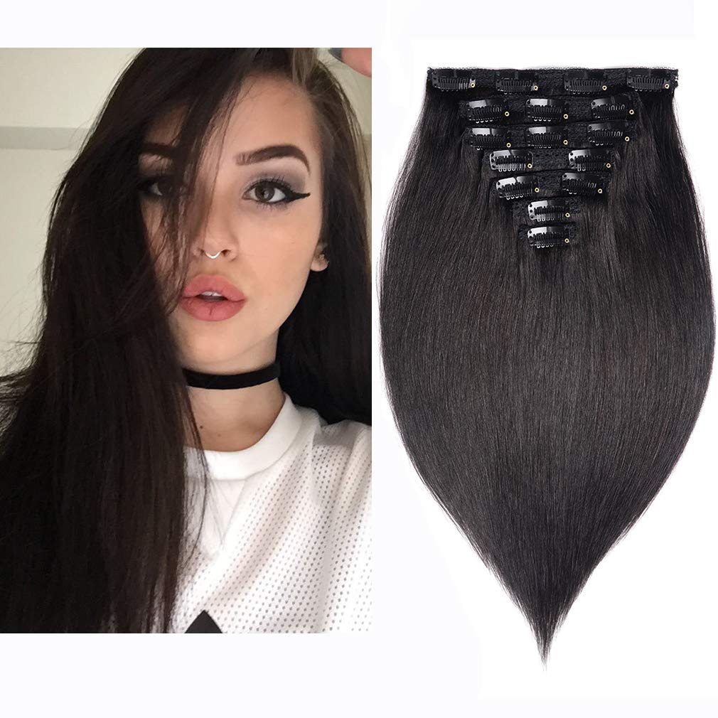 22" Clip in Human Hair Extensions Full Head 200g 10 Pieces 22 Clips Light Brown Double Weft Brazilian Real Remy Hair Extensions Thick Straight (22"