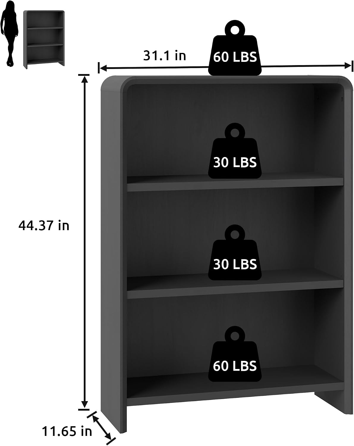 Bevfint 44" Bookcase Tall 3 Shelves Wood Bookshelf with Curved Soft Edges, Heavy Duty Storage Cabinet for Professional Home Office and Living Room, Modern Natural Oak Grain Finish